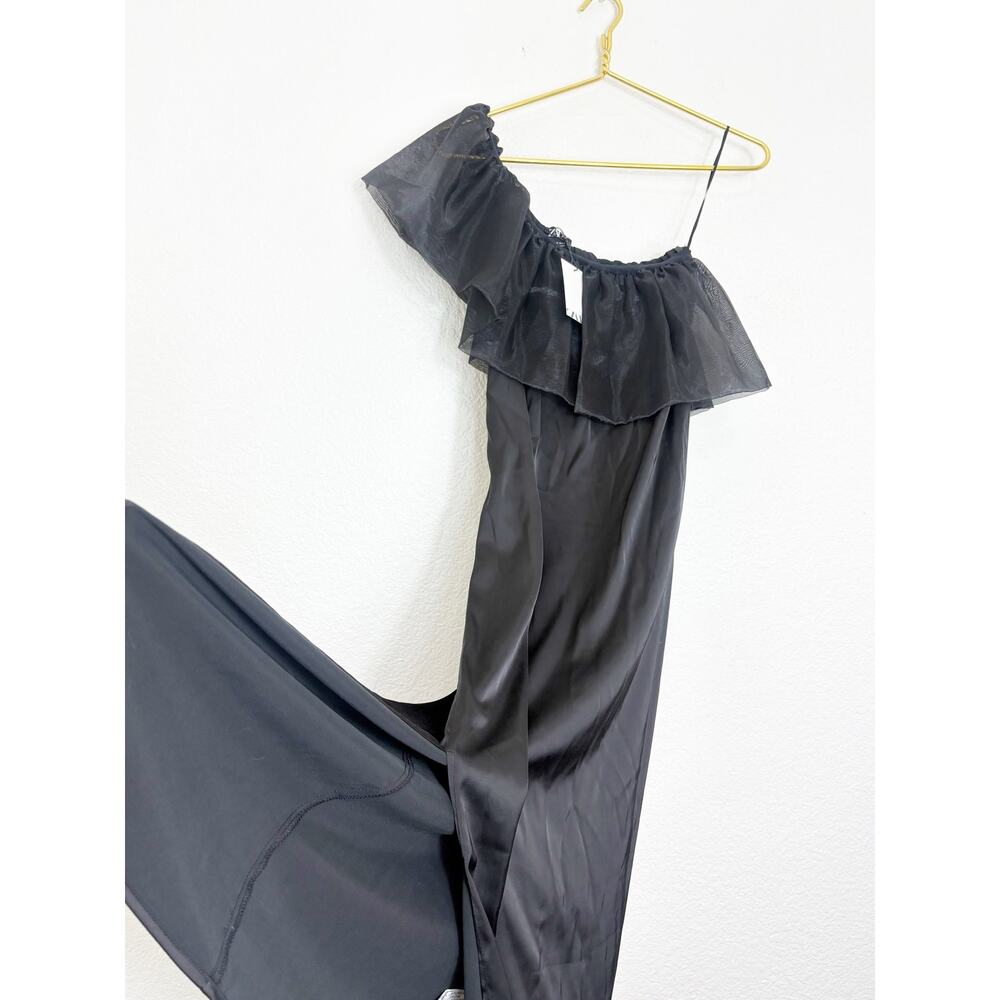 Zara Black Satin Midi Dress Organza Ruffle Puff Sleeve Medium 8779/462 NWT - Picture 11 of 13